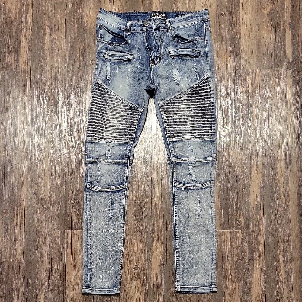 FREEHOLD Distressed Blue Skinny Jeans with Ribbed Accents
